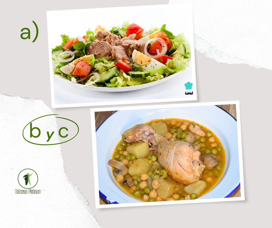 Ensalada de verduras variadas con estofado de pollo con garbanzos.